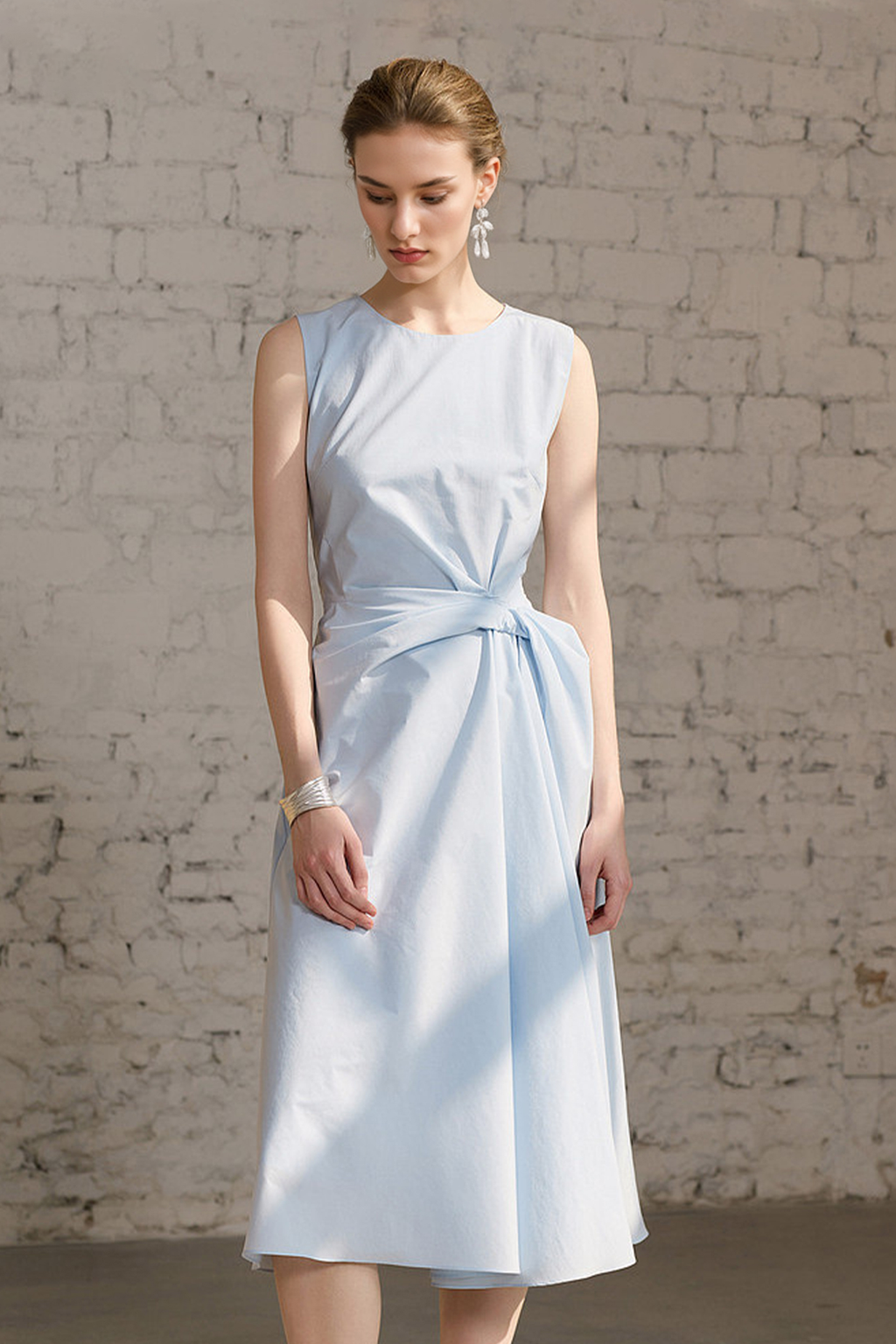 Light Blue Sleeveless Draped Midi Dress