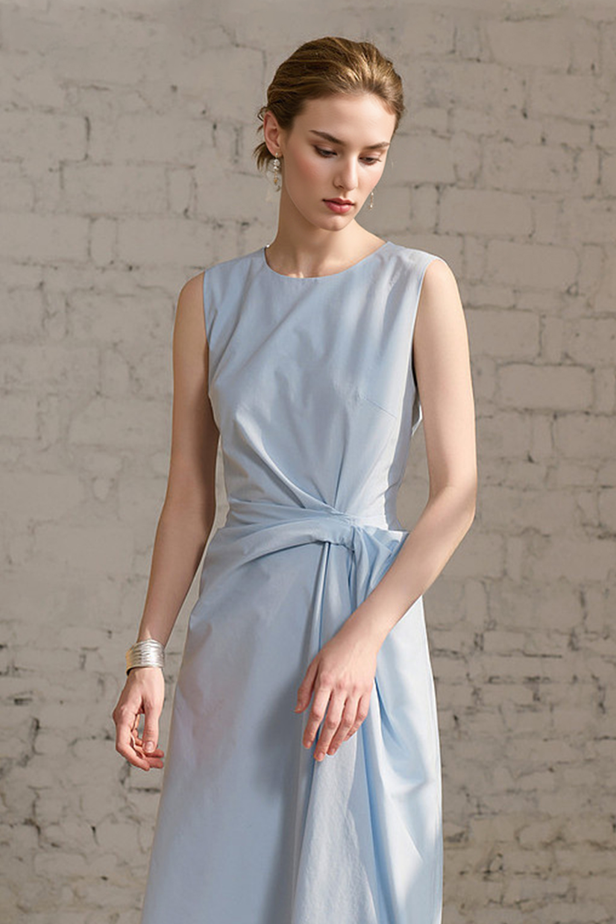 Light Blue Sleeveless Draped Midi Dress