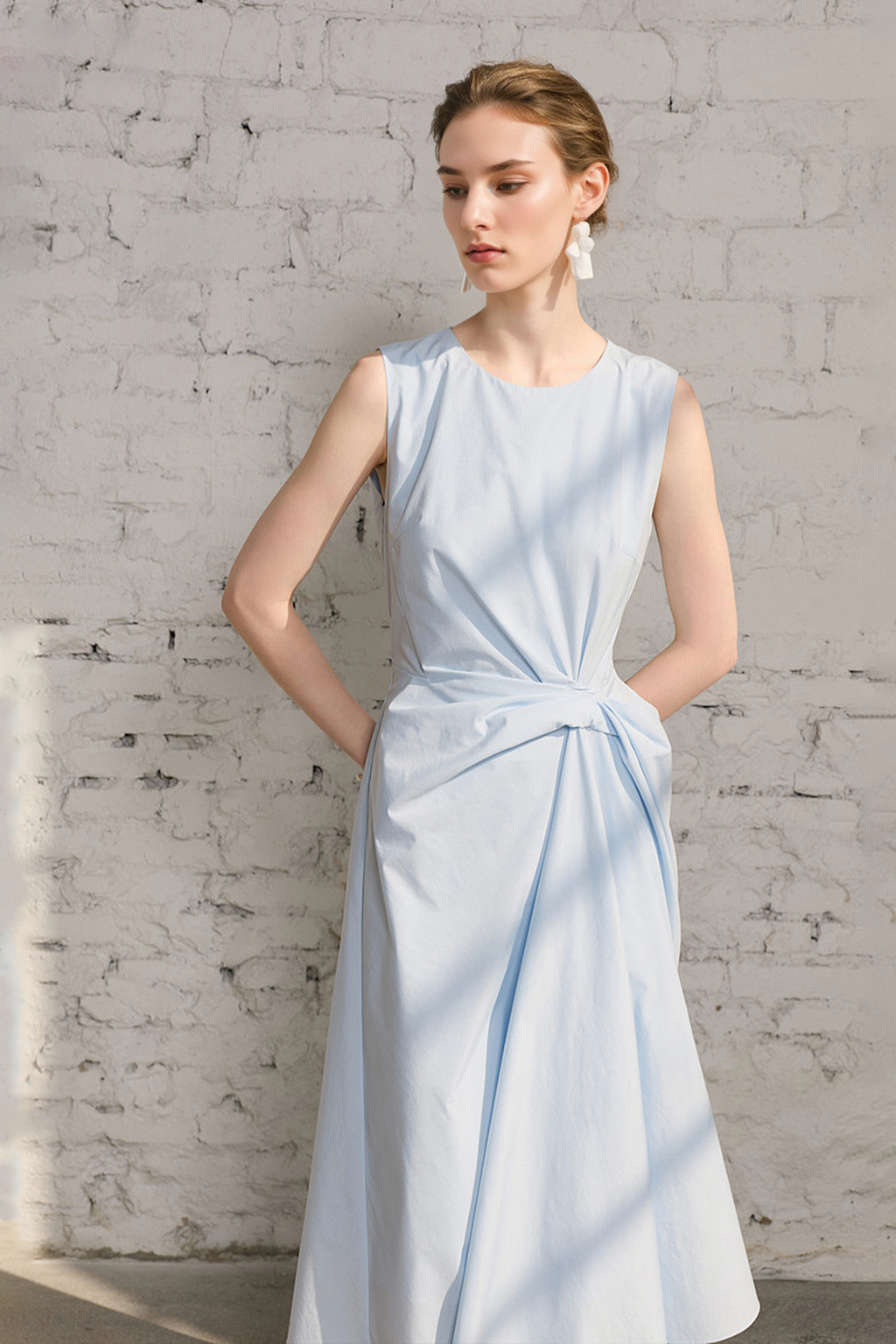 Light Blue Sleeveless Draped Midi Dress