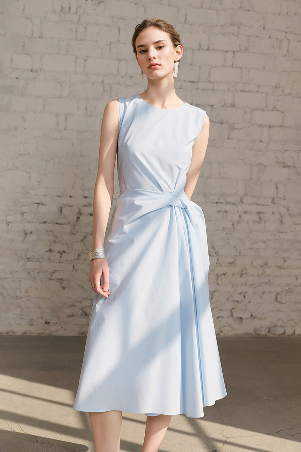 Light Blue Sleeveless Draped Midi Dress