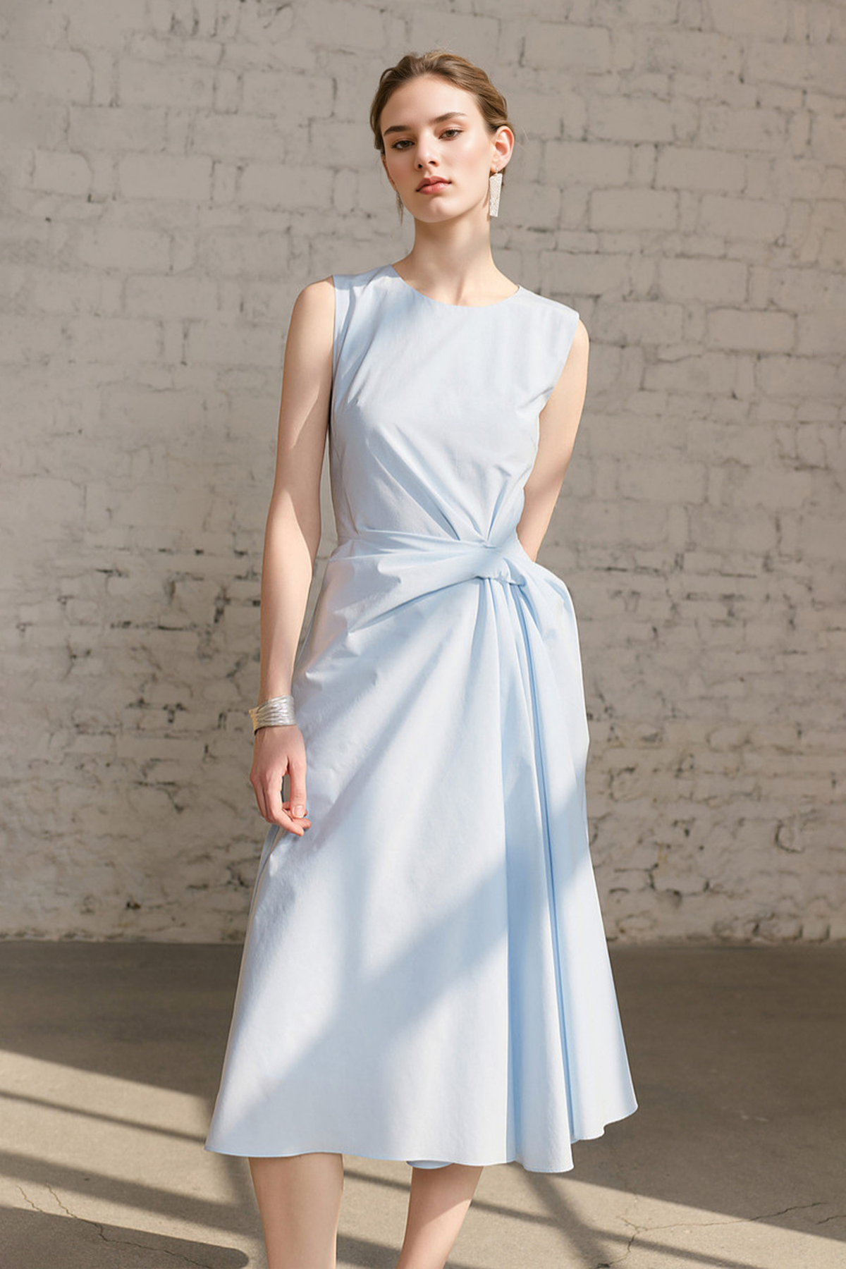 Light Blue Sleeveless Draped Midi Dress