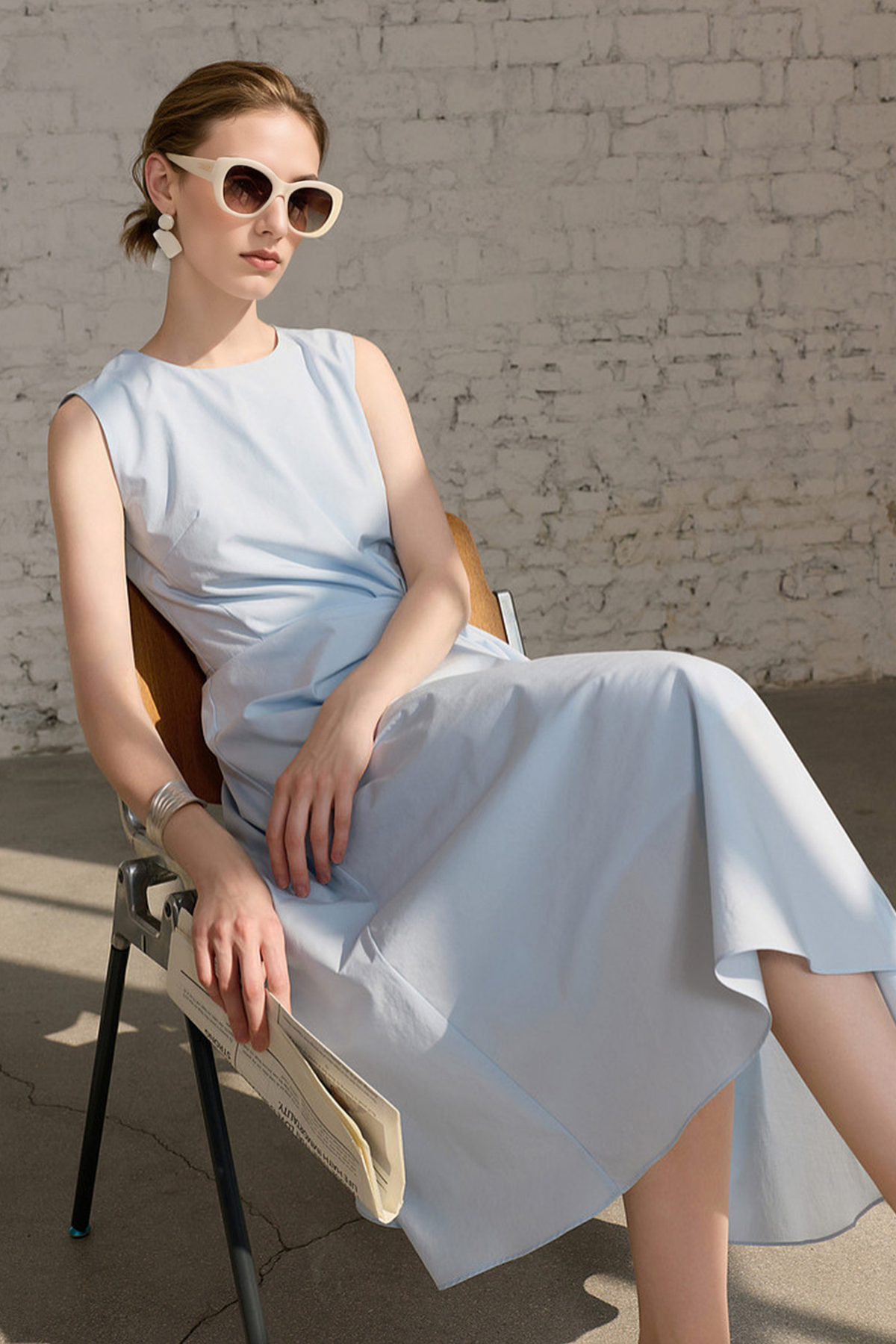 Light Blue Sleeveless Draped Midi Dress