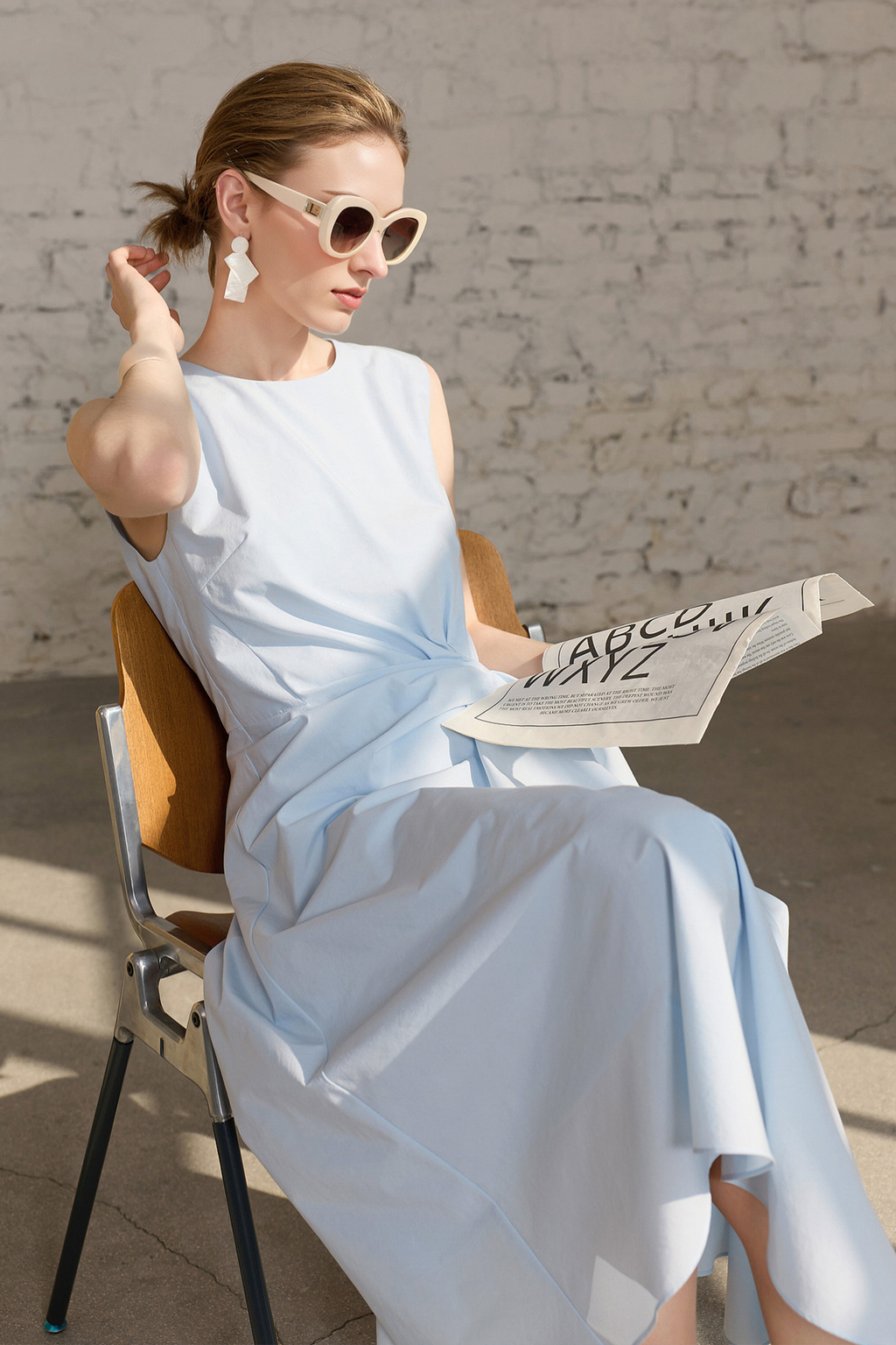 Light Blue Sleeveless Draped Midi Dress