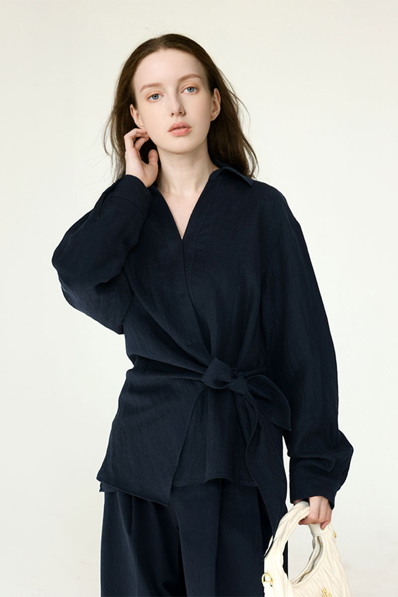 Lightweight Linen Tie-Front V-Neck Pullover Blouse