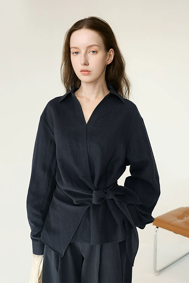 Lightweight Linen Tie-Front V-Neck Pullover Blouse