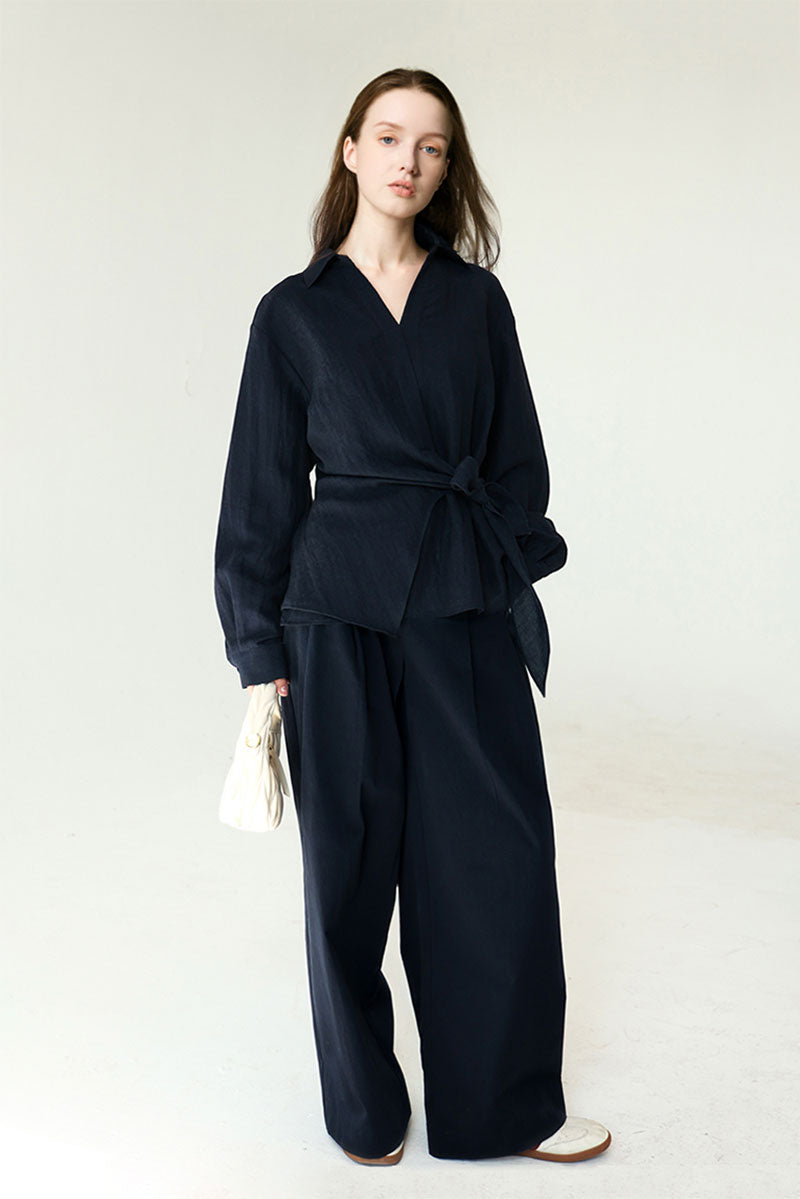 Lightweight Linen Tie-Front V-Neck Pullover Blouse