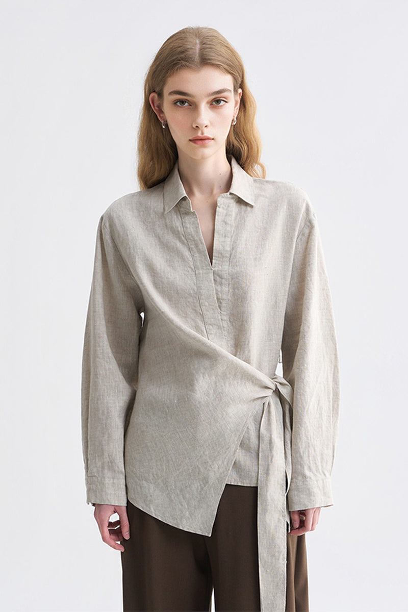 Lightweight Linen Tie-Front V-Neck Pullover Blouse