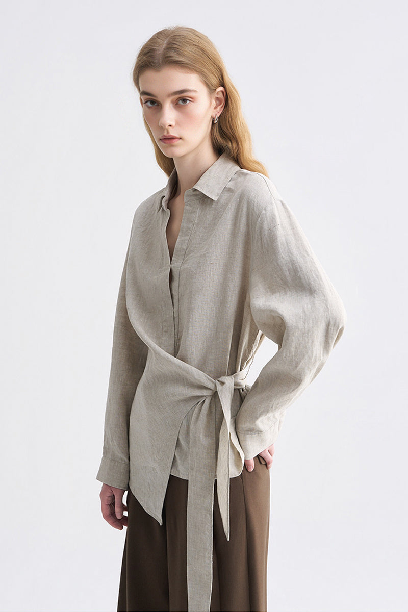 Lightweight Linen Tie-Front V-Neck Pullover Blouse