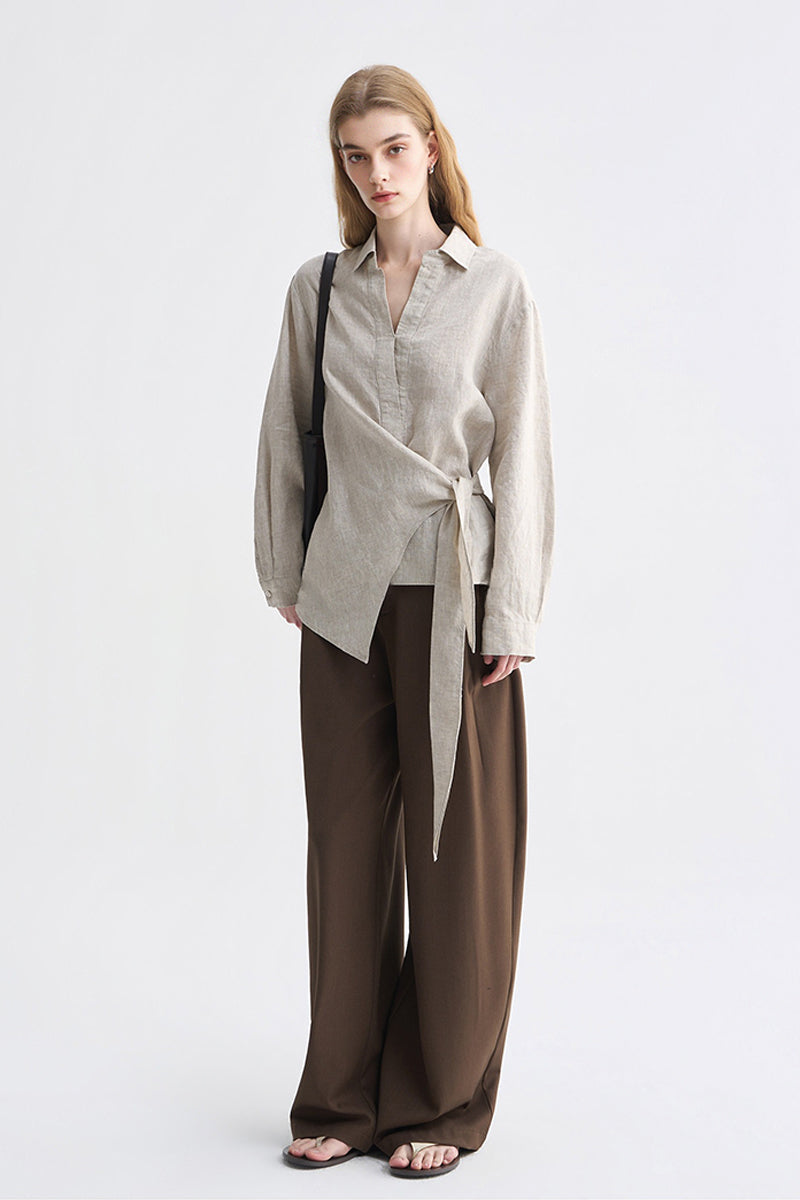 Lightweight Linen Tie-Front V-Neck Pullover Blouse