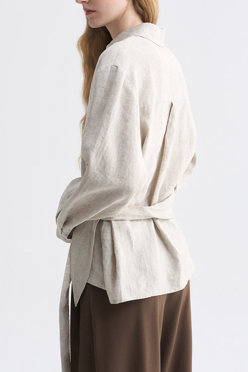 Lightweight Linen Tie-Front V-Neck Pullover Blouse
