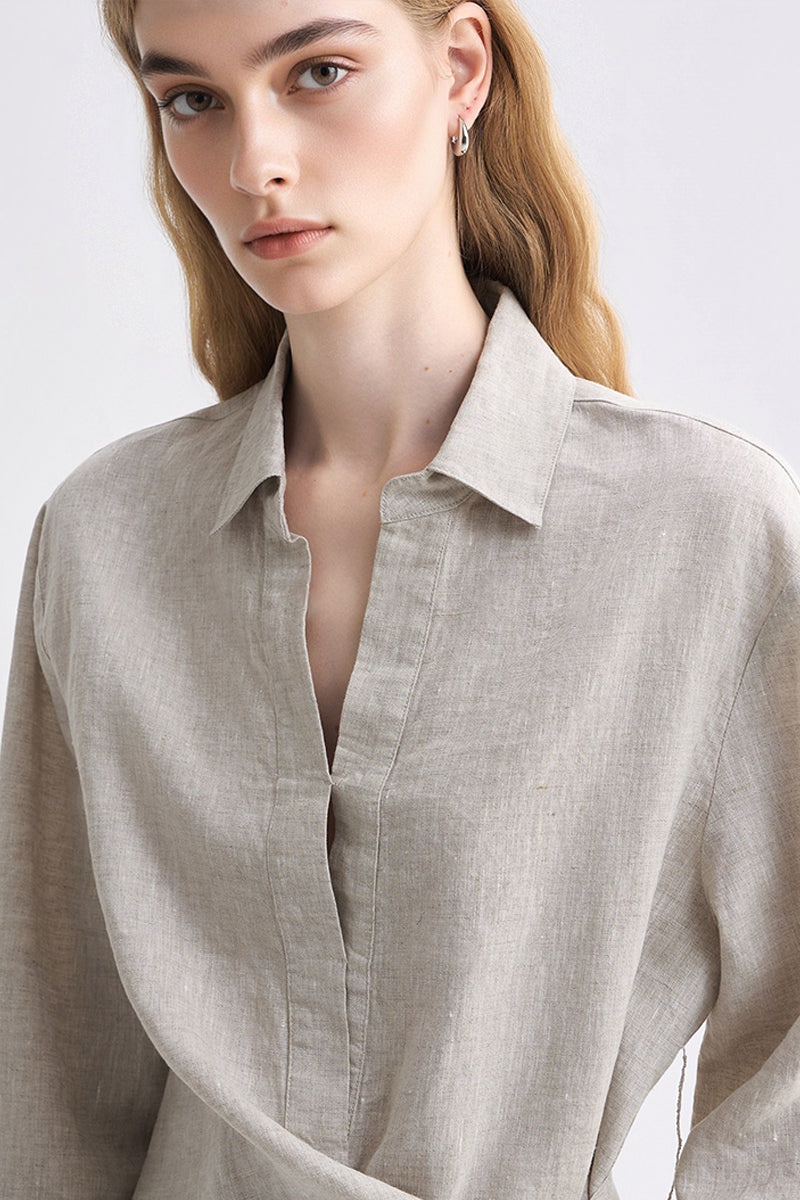 Lightweight Linen Tie-Front V-Neck Pullover Blouse