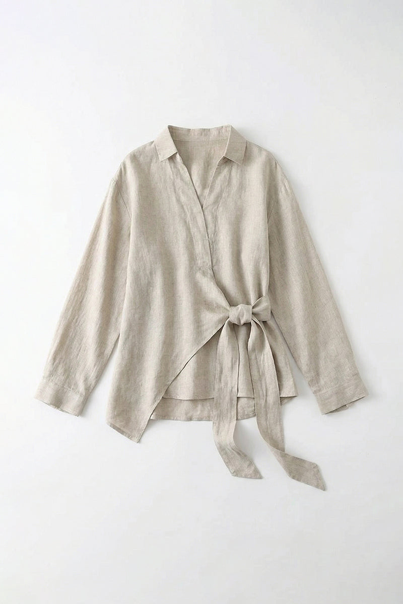 Lightweight Linen Tie-Front V-Neck Pullover Blouse