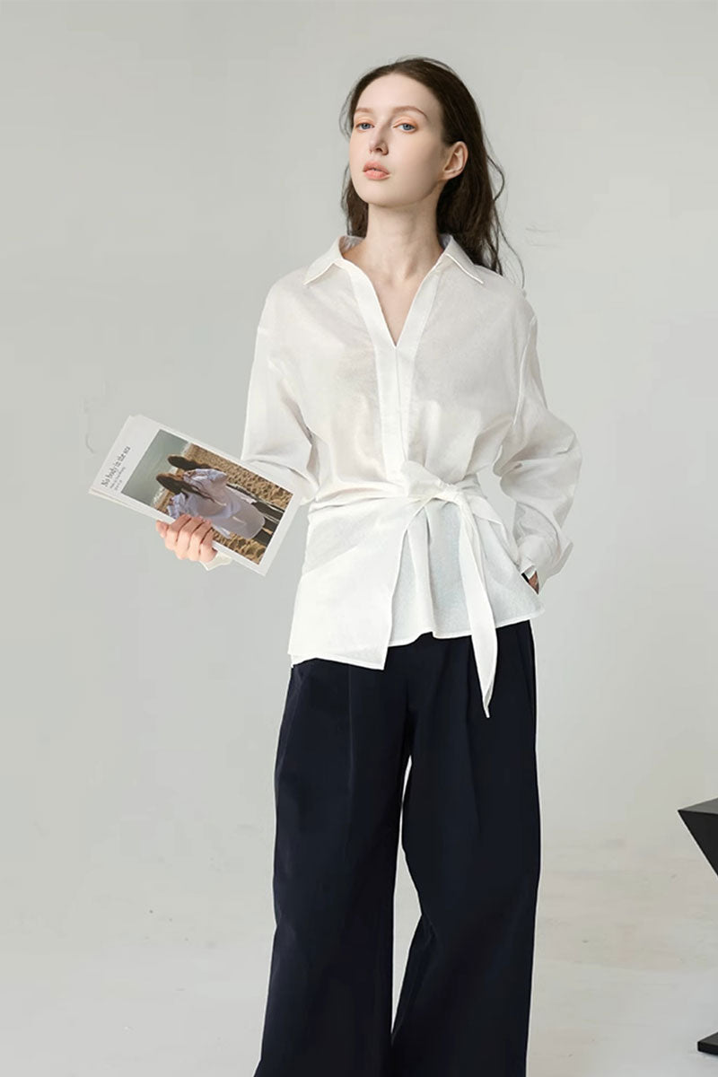 Lightweight Linen Tie-Front V-Neck Pullover Blouse