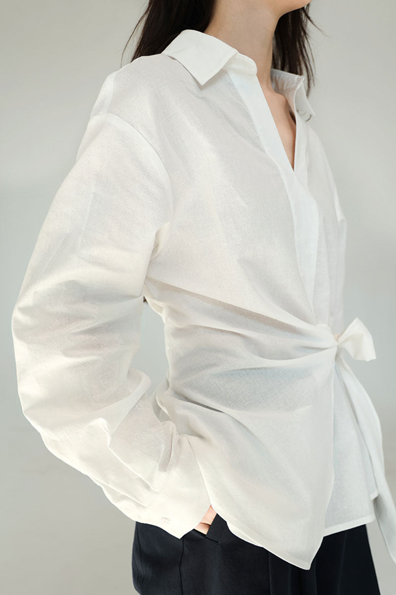 Lightweight Linen Tie-Front V-Neck Pullover Blouse