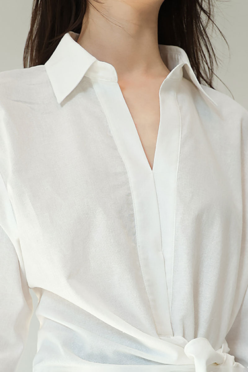 Lightweight Linen Tie-Front V-Neck Pullover Blouse