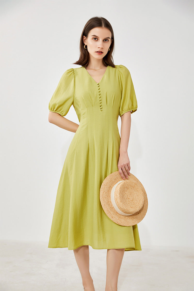 Lime Green V-Neck A-Line Midi Dress