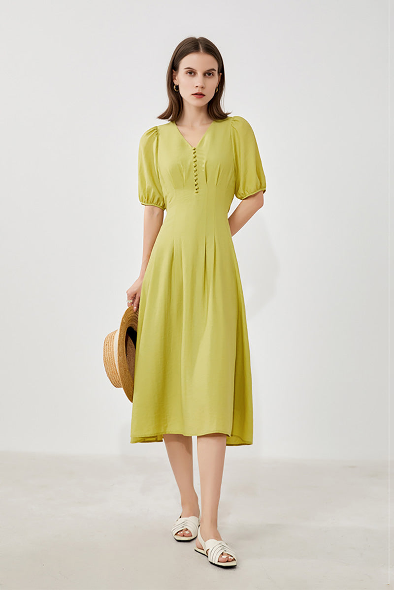 Lime Green V-Neck A-Line Midi Dress
