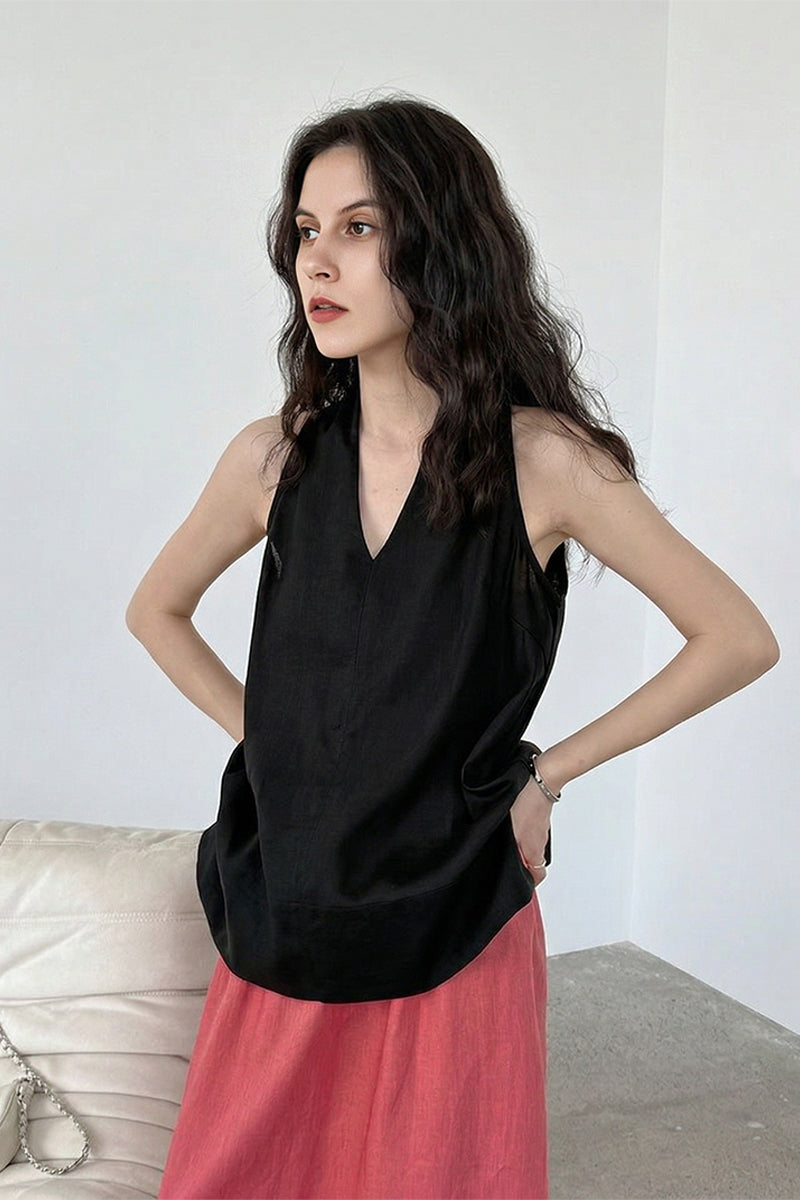 Linen Blend V Neck Halter Top