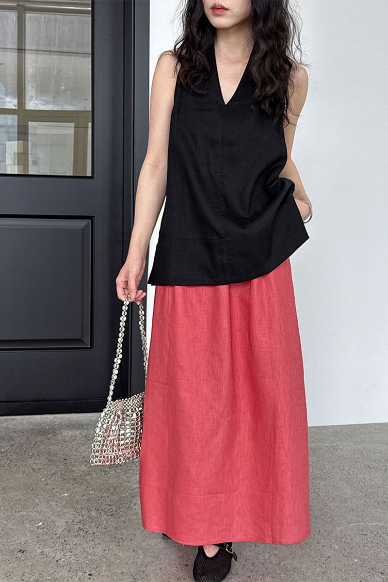 Linen Blend V Neck Halter Top