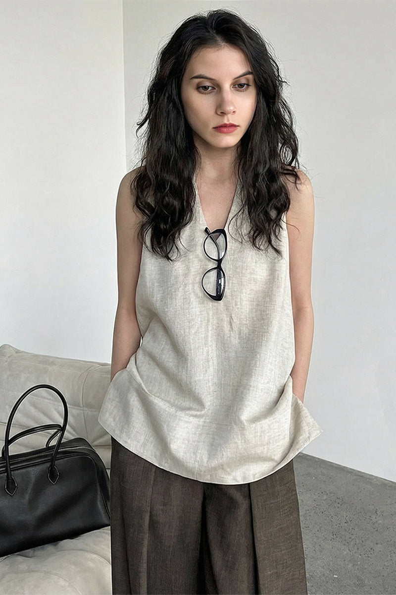 Linen Blend V Neck Halter Top