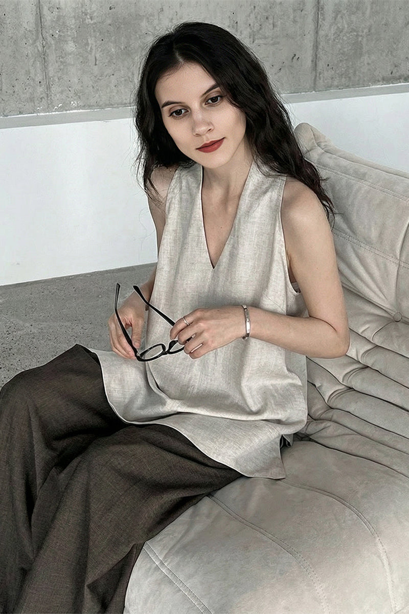 Linen Blend V Neck Halter Top