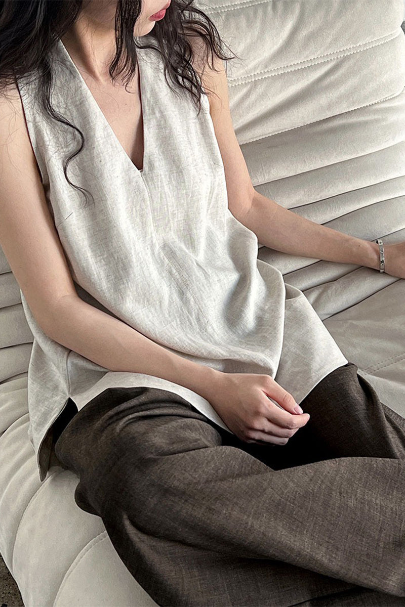 Linen Blend V Neck Halter Top