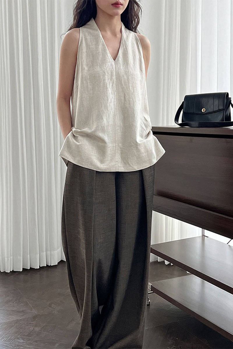 Linen Blend V Neck Halter Top