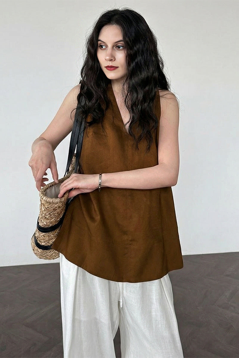 Linen Blend V Neck Halter Top