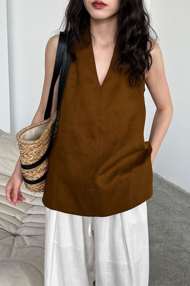 Linen Blend V Neck Halter Top