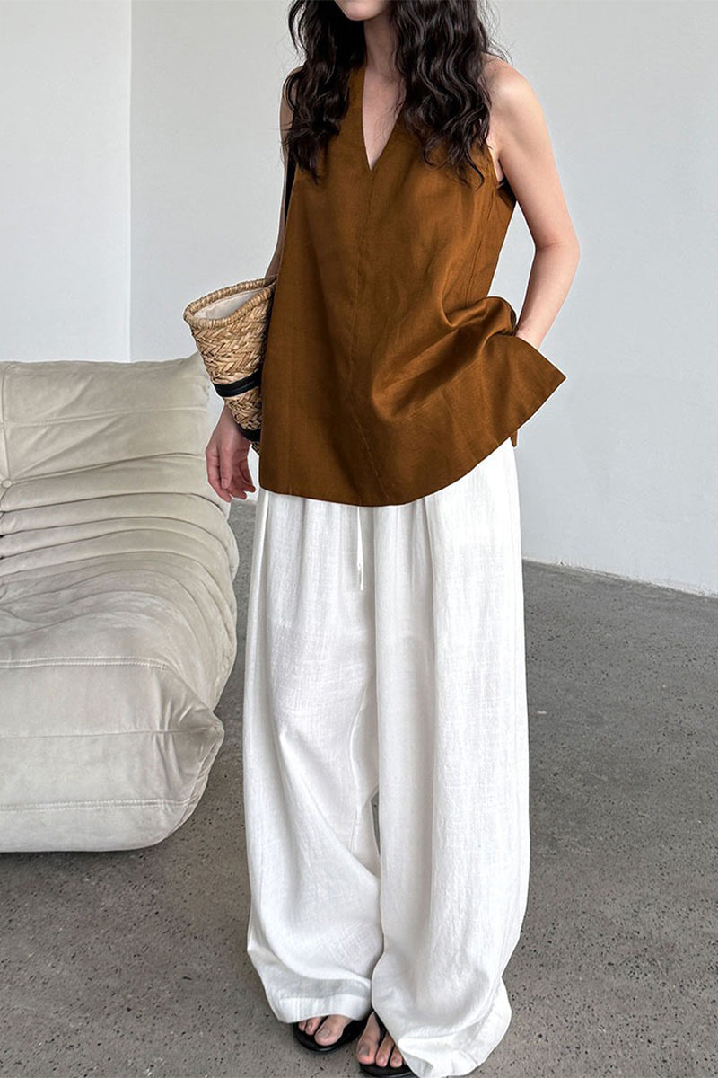 Linen Blend V Neck Halter Top