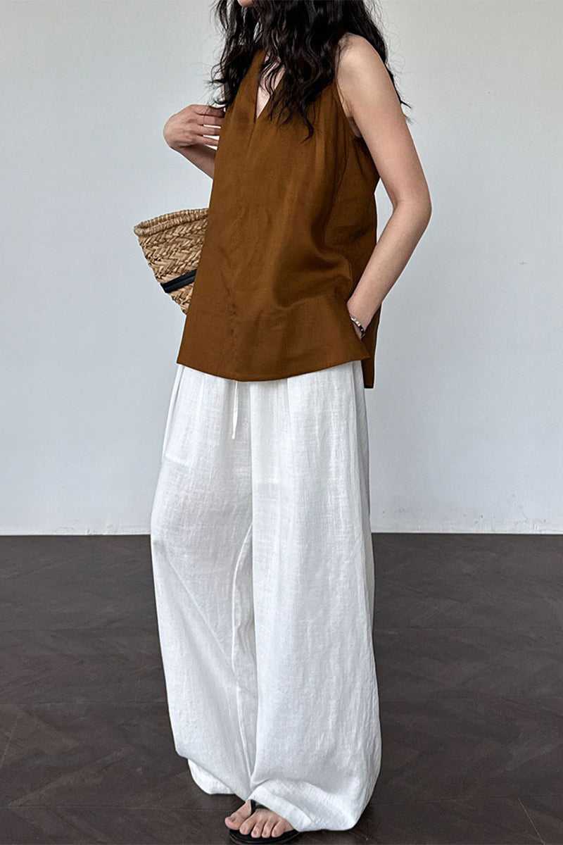 Linen Blend V Neck Halter Top