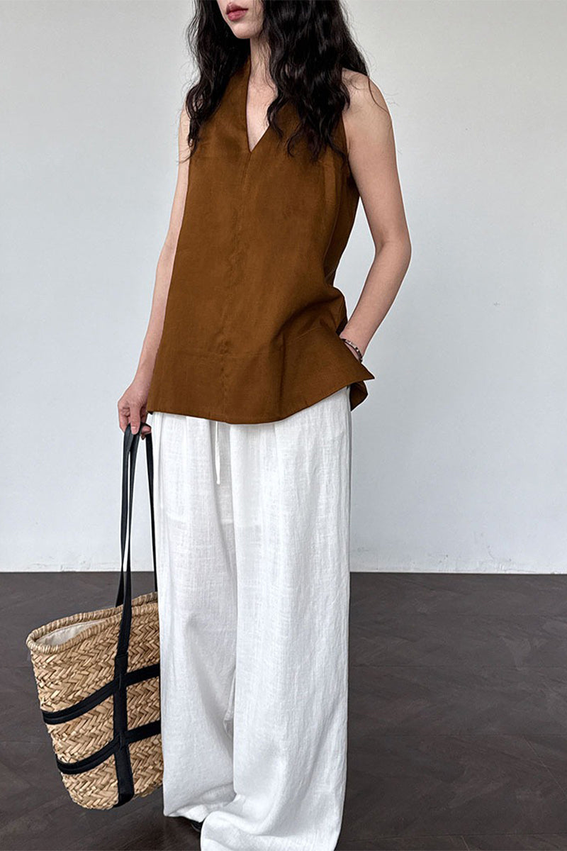 Linen Blend V Neck Halter Top