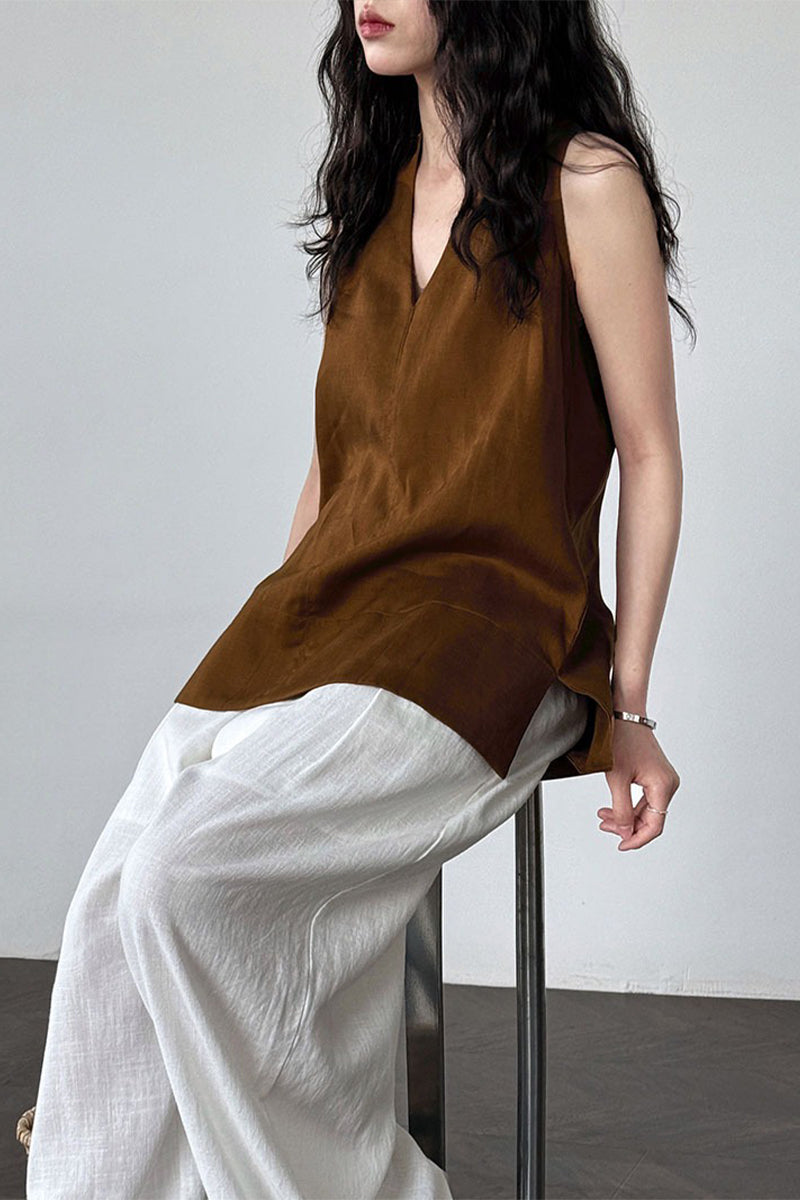 Linen Blend V Neck Halter Top