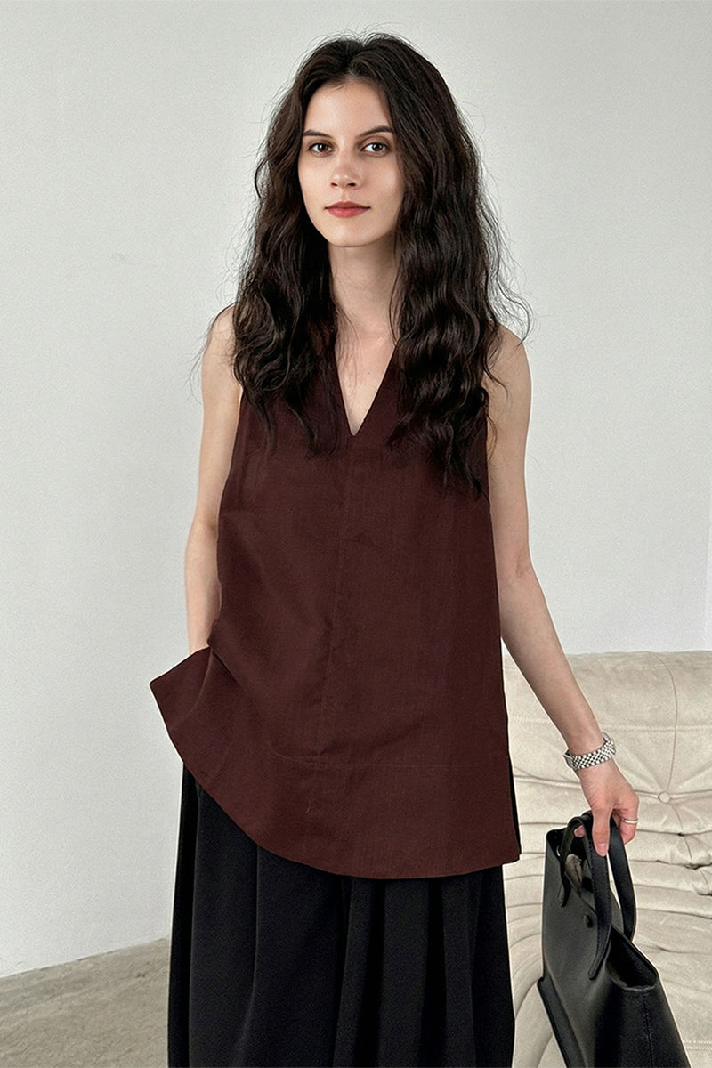 Linen Blend V Neck Halter Top