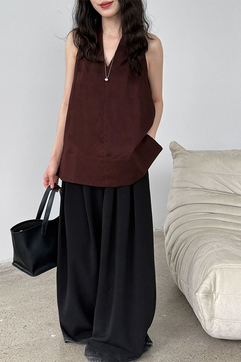 Linen Blend V Neck Halter Top