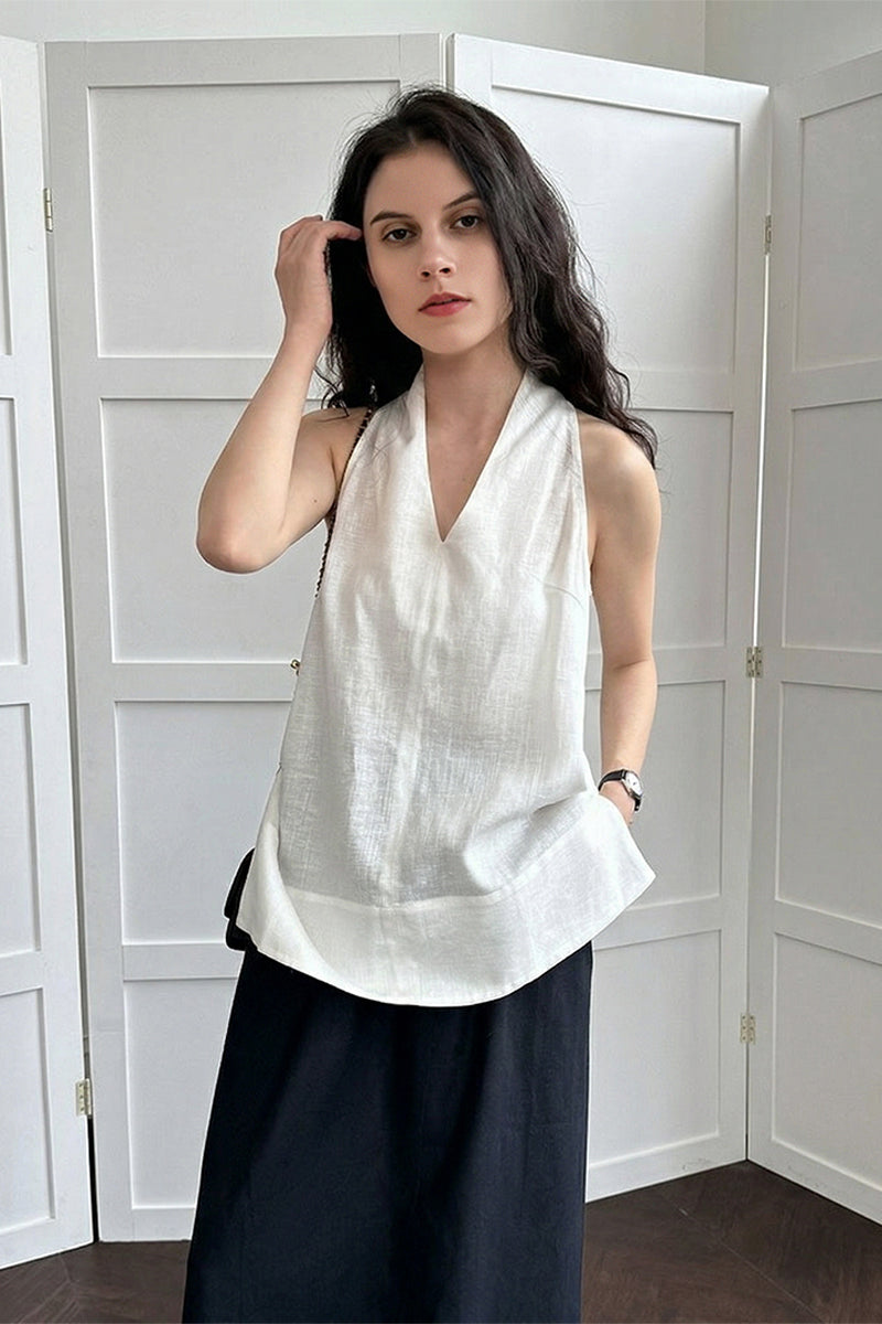 Linen Blend V Neck Halter Top