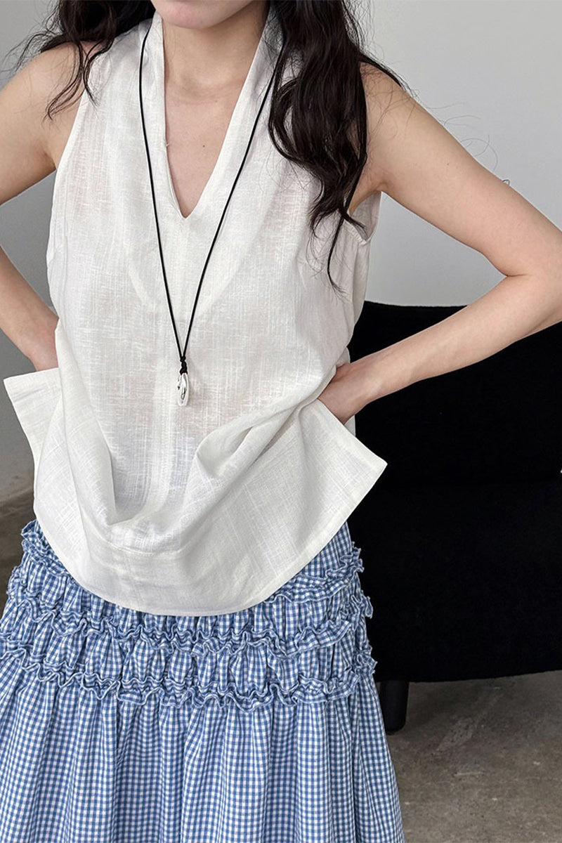 Linen Blend V Neck Halter Top