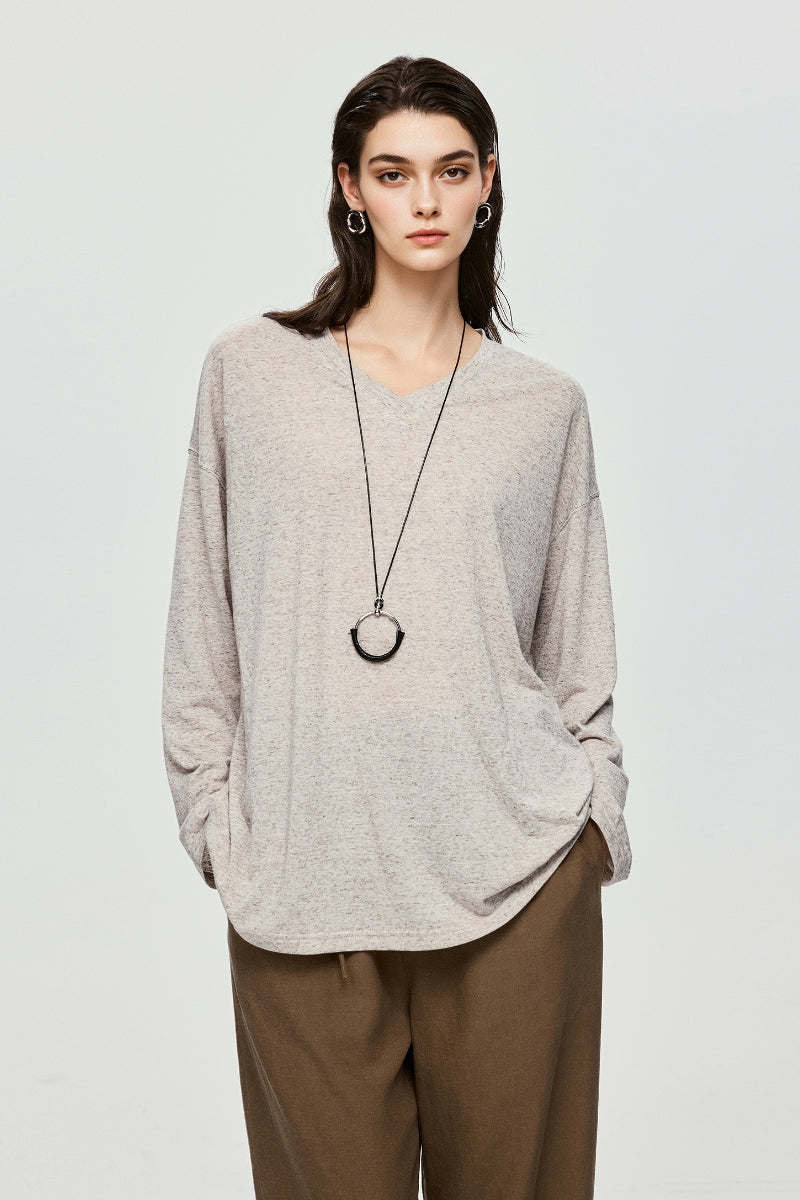 Linen-Blend V-Neck Long-Sleeve Tee