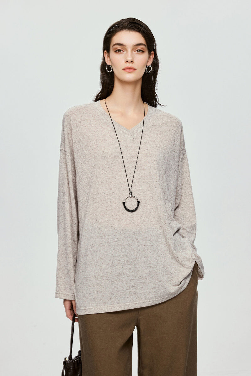 Linen-Blend V-Neck Long-Sleeve Tee