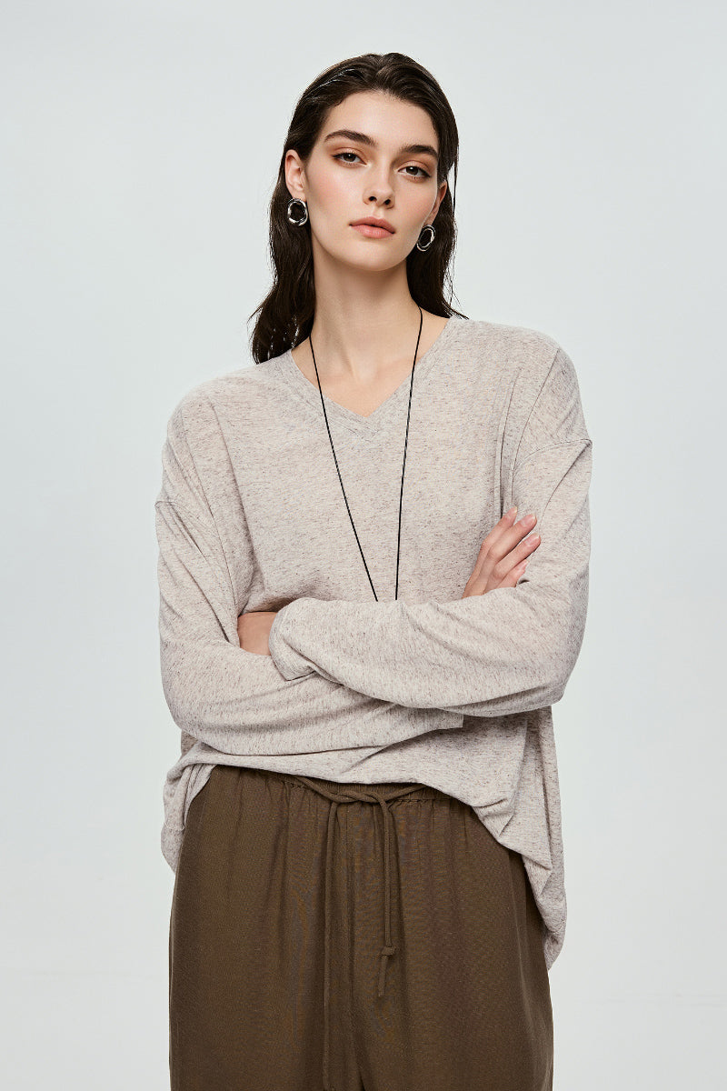 Linen-Blend V-Neck Long-Sleeve Tee