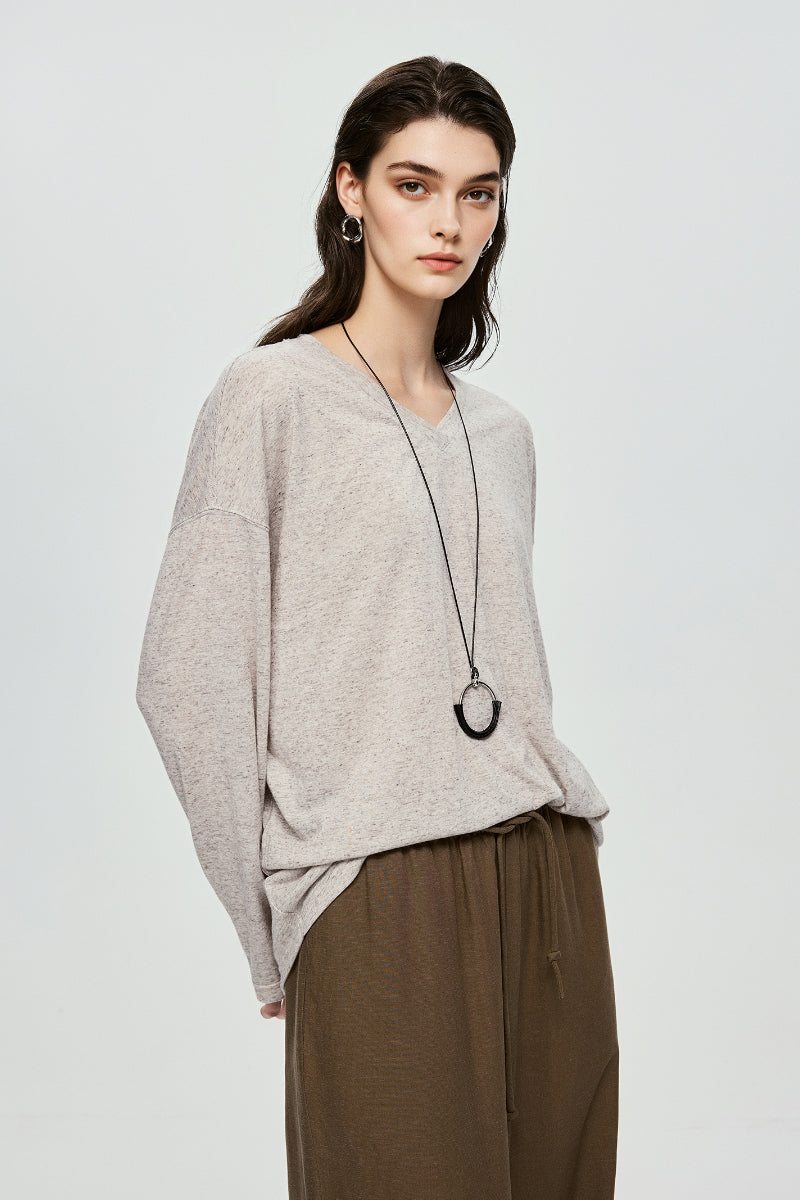 Linen-Blend V-Neck Long-Sleeve Tee