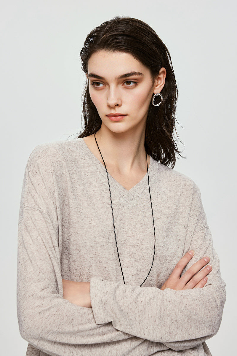 Linen-Blend V-Neck Long-Sleeve Tee