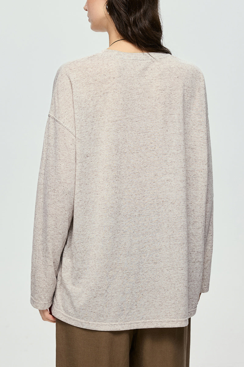Linen-Blend V-Neck Long-Sleeve Tee