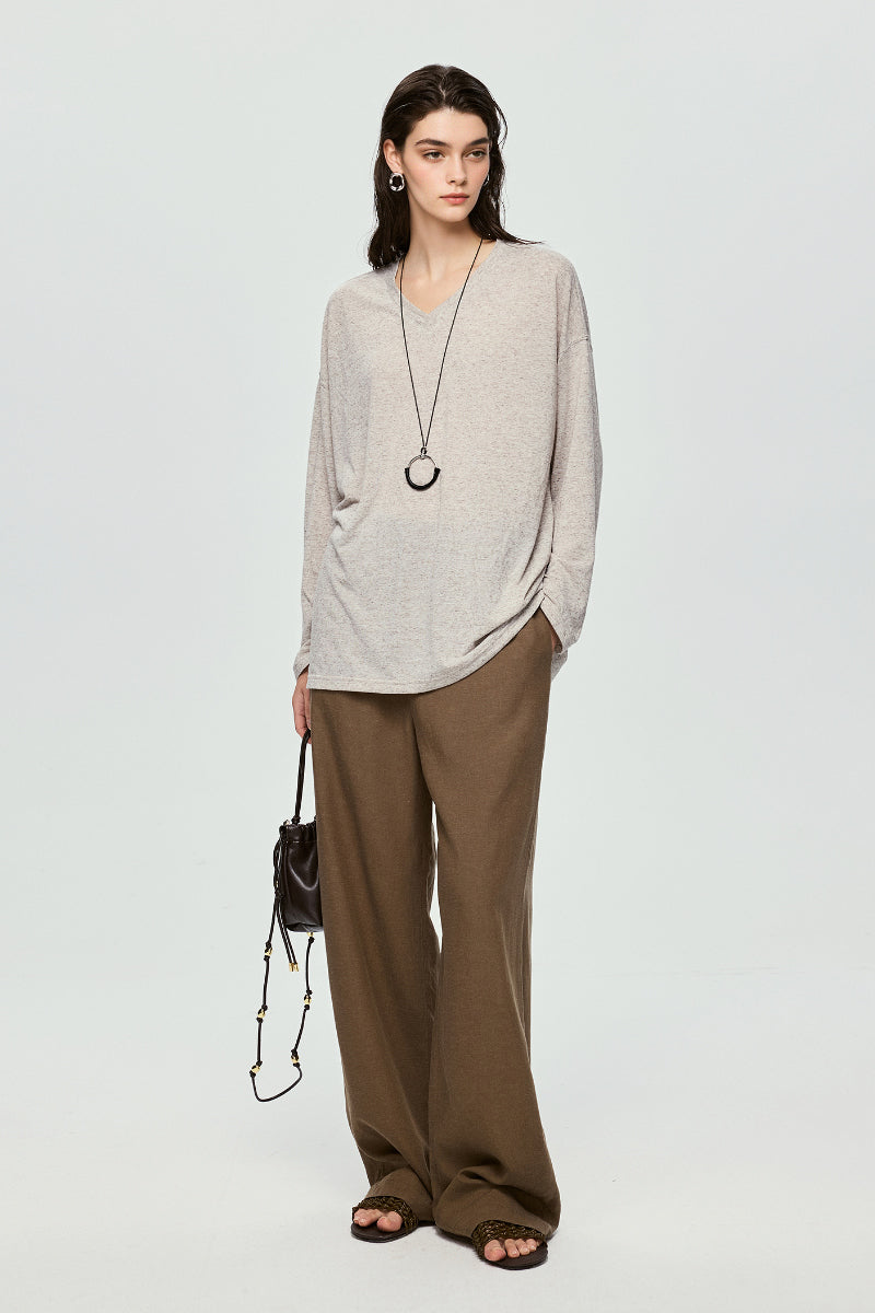 Linen-Blend V-Neck Long-Sleeve Tee