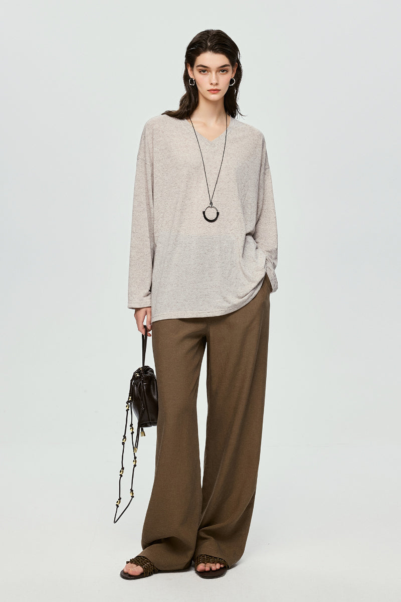 Linen-Blend V-Neck Long-Sleeve Tee