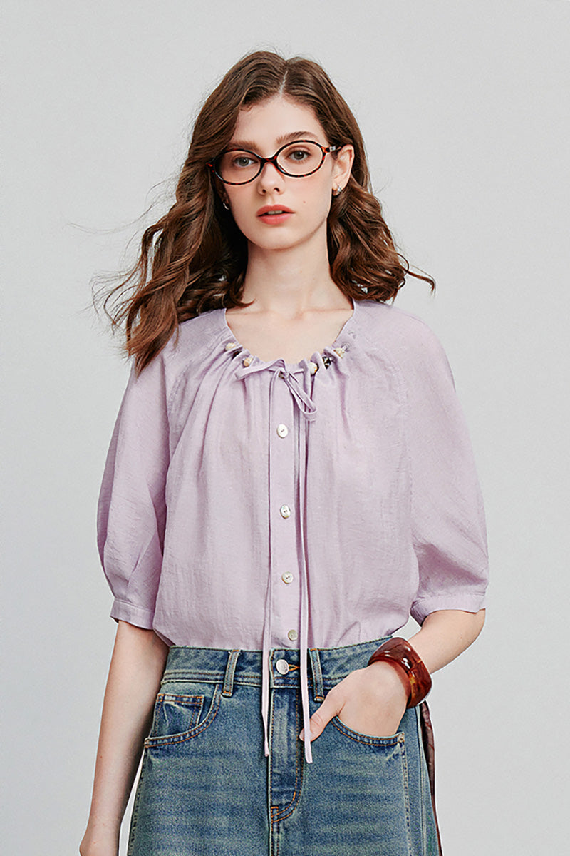Linen Elbow-Sleeve Button-Up Blouse With Beaded Tie Neck