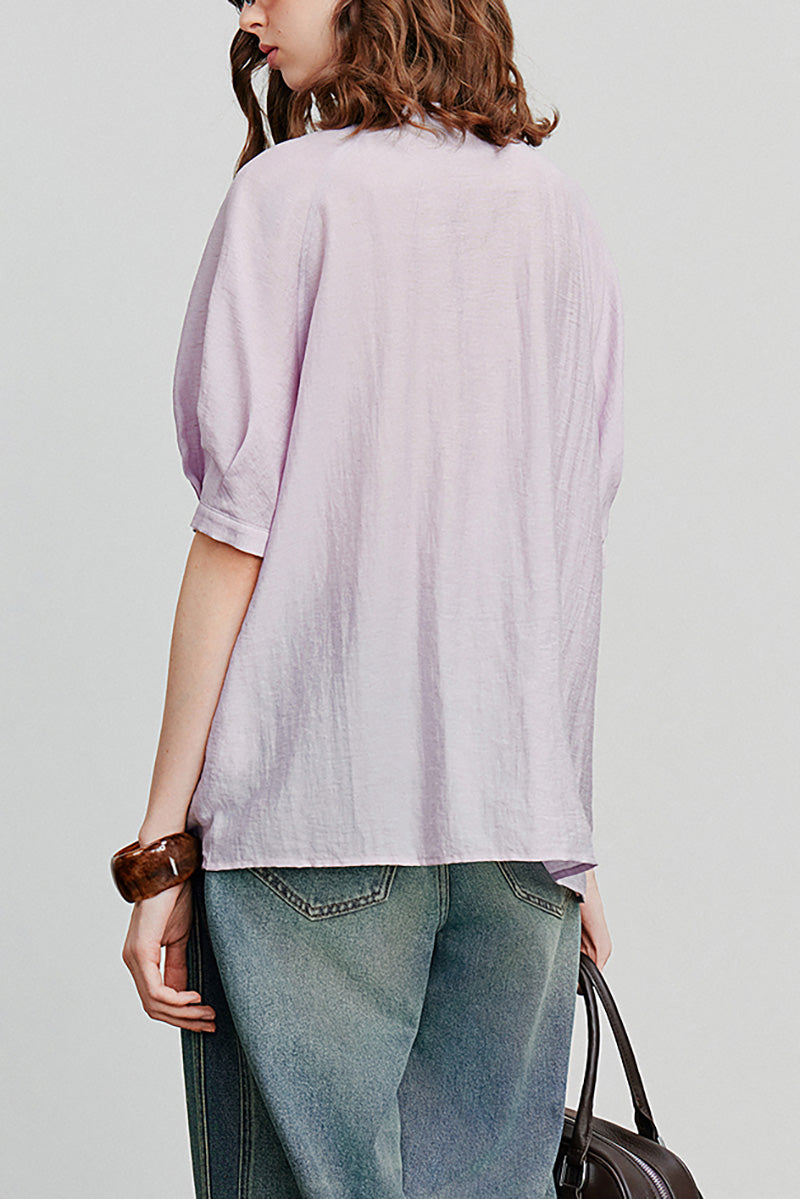 Linen Elbow-Sleeve Button-Up Blouse With Beaded Tie Neck