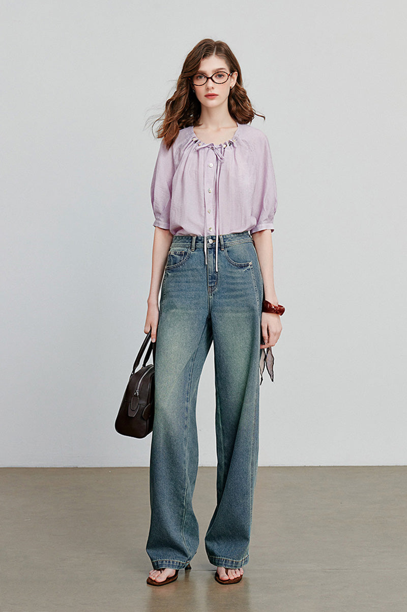 Linen Elbow-Sleeve Button-Up Blouse With Beaded Tie Neck