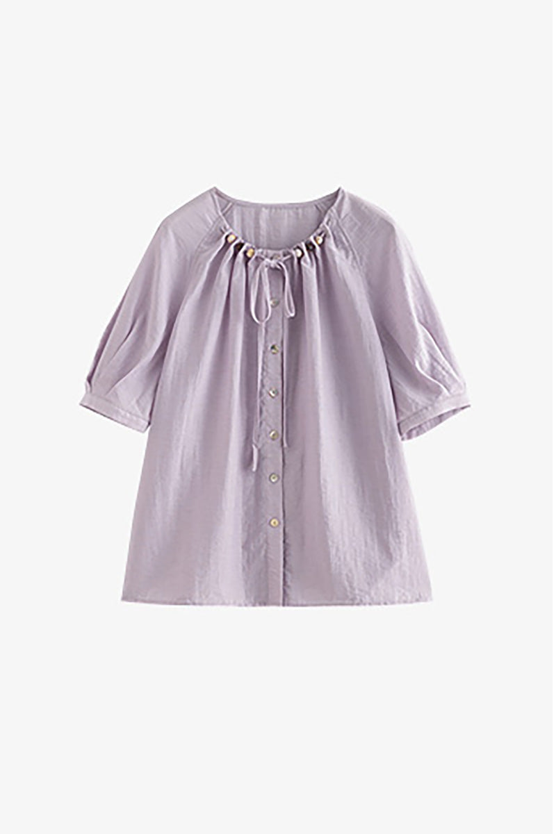 Linen Elbow-Sleeve Button-Up Blouse With Beaded Tie Neck