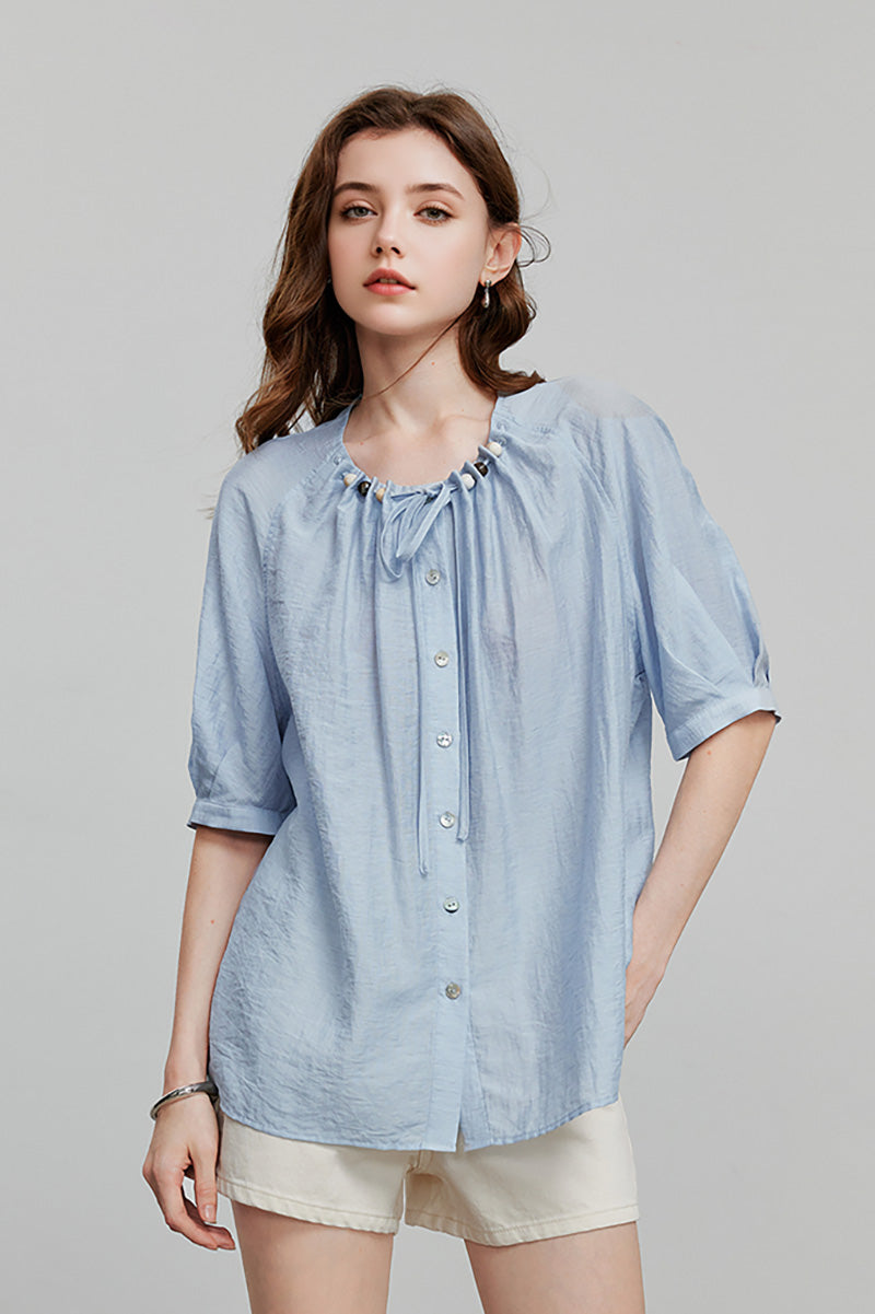 Linen Elbow-Sleeve Button-Up Blouse With Beaded Tie Neck